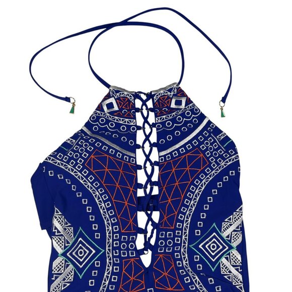 Trina Turk Blue Jakarta Embroidered Hi Neck One Piece Swimsuit Women's Size 4 - Picture 5 of 12